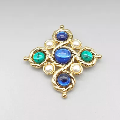 NAPIER Brooch Maltese Cross Jewel Tone Cabochons Green Blue Gold Tone 3 Inch • $79.99