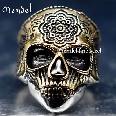 MENDEL Gold Plated Stainless Steel Cool Mens Gothic Biker Skull Ring Size 7-15 • $12.99