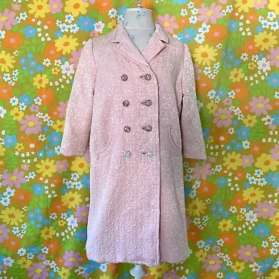 Vintage 60s Pink Brocade Rhinestone Button Pea Coat XXS/XS Petite • $145