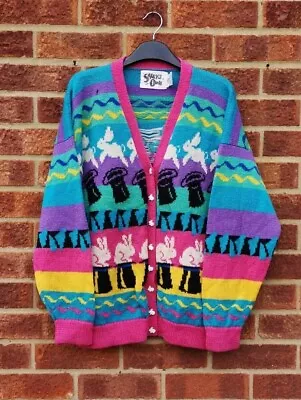 Vtg Wool Bunny Rabbit Cardigan Stripe Pink Purple Blue Green Yellow Animal • £60