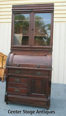62557   Antique Victorian Cylinder Desk W/ Bookcase Top • $525