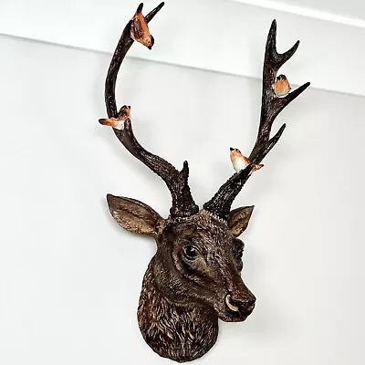 Brown Stags Head With Red Robins Resin Large Wall Mounted Animal Bust Decor Art • £35