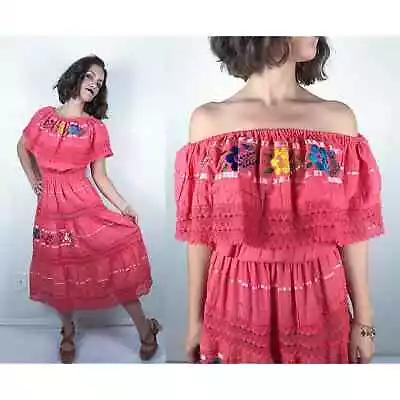 Vintage 70s CORAL Floral EMBROIDERED Mexican Sun DRESS Off Shoulder Oaxacan • $55