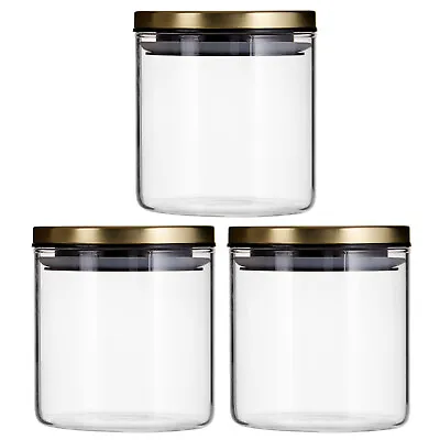 Set Of 3 Food Storage Canisters 550ml With Gold Colour Lid Tea Coffee Sugar Jars • £18