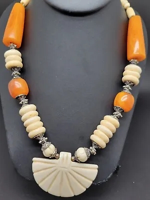 Vintage Moroccan Amber Resin And Bone W/Silver  Beads Statement Necklace 24   • $24