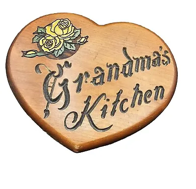 VTG Handmade Wood Heart Plaque  Grandma's Kitchen   Yellow Roses Farmhouse Decor • $14.95