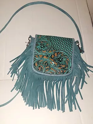 Montana West Genuine Leather Tooled Fringe Crossbody  Purse- Turquoise 7  • $31.99