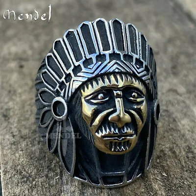 £11.78 • Buy MENDEL Mens Gold Plated Biker Indian Chief Head Ring Stainless Steel Size 7-15