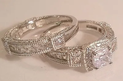 Princess Vintage Style Simulated Diamond Engagement Ring Wedding Set Sterling • $236