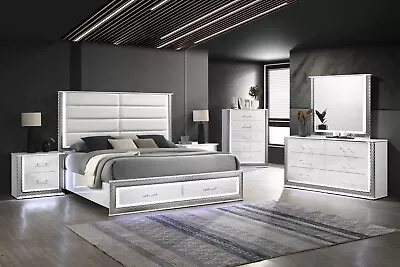 LUXURY Modern LED 5PC Gloss White Queen King Contemporary Bedroom Set B/D/M/N/C • $2999.99