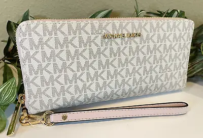 Michael Kors Jet Set Large Travel Continental Wallet Vanilla Pink Mk Signature • $79.99
