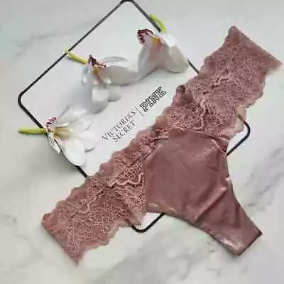 Victoria's Secret Dream Angels Lace-Trim Smooth Shimmer Thong Panty Vintage Rose • $17.09