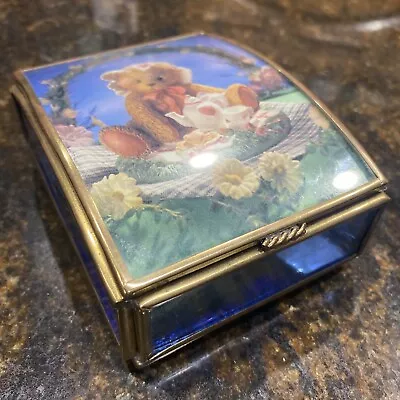 Via Vermont Trinket Box Teddy Bear Heart Tea Party Blue Tinted Glass And Brass • $9.99