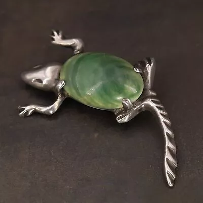 VTG Sterling Silver - MEXICO Jade Cabochon Lizard Animal Brooch Pin - 16g • $11.50