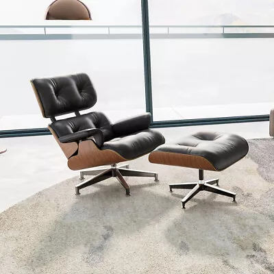 2024 Tall Eams Lounge Chair And Ottoman Genuine Leather Armchair Walnut Black • $679