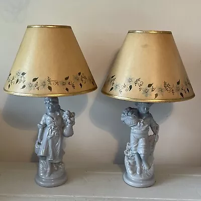 PAIR Old Vintage FIGURAL TABLE LAMPS MAN WOMAN Light Blue Porcelain Floral Shade • $39.99