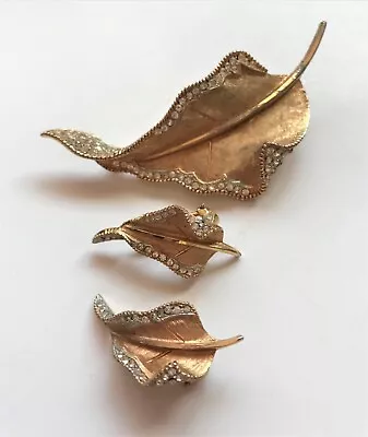 Mid-Century Vintage BSK Jewelry Leaf Brooch Clip Earrings Rhinestone Edges • $35