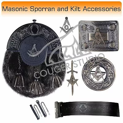 Scottish Kilt Seal Skin Sporran With Kilt Accessories Brooch Pin Belt & Buckle • $82.32