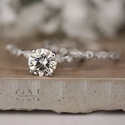 1.50 Carat Round Cut Moissanite Bridal Set Engagement Ring Solid 14K White Gold • $245.10