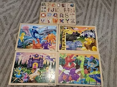 Melissa & Doug Lot Of 5 Wooden Puzzles Alphabet -24 28 48 Pieces • $40