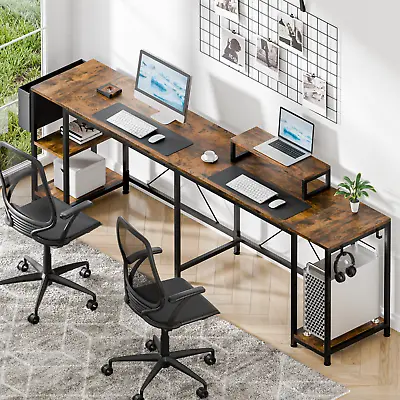 L Shaped Desk 95  Reversible Corner Computer Desk With Shelves Workstation Brown • $119.99