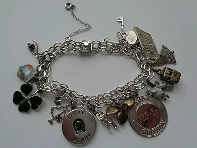 Elco Sterling Silver  Heavy Double Link Vintage Charm Bracelet & 13 Charms • $90