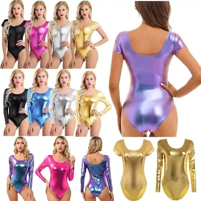 UK Women's Gymnastic Leotard Short Sleeve Leather Ballet Dance Bodysuit Costume • £9.42