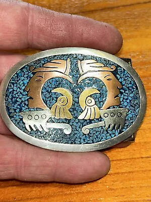 Taxco Mexico 925 Sterling Silver Belt Buckle With Brass Copper Turquoise • $125