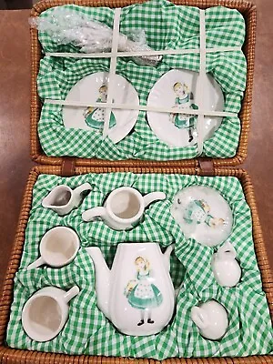 Vintage DELTON Mini Porcelain Tea Set With Wicker Picnic Basket  • $12