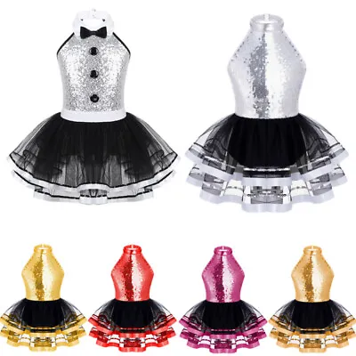 Kids Girls Shiny Sequin Ballet Tutu Dress Leotard Jazz Dance Performance Costume • £14.09