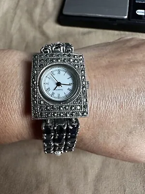 925 Tested Sapphire Marcasite Pearl Sterling Silver Watch Bracelet-18cm 56.3G • $211.17