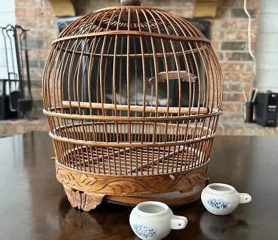 10” Japanese Vintage Bird Cage Handmade. Two Vintage Porcelain Bird Feeders. • $150