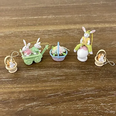$15.79 • Buy EASTER Lot 5 Cute Wooden Rabbit Bunny Theme Ornaments Basket Eggs Pastel Colors