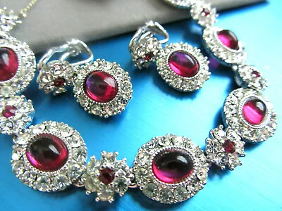  Ciner 'princess Collection' Ruby Red Glass Cabochons Ice Crystals Bracelet Set • $434.99