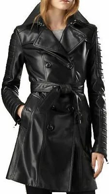 Women's Ladies Patent Black Genuine Leather Vintage Mac Trench Long Coat • $89.68