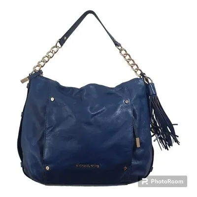 Michael Kors Blue Leather Gold Chain Devon Large Shoulder Tote Bag Purse • $130