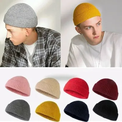 Ribbed Knitted Skull Cap Mens Mini Short Fisherman Beanie Hats Plain Winter Warm • $4.78