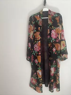 Decjuba Black Floral Duster Coat Jacket S XS/S Lined Polyester With Pockets • $10