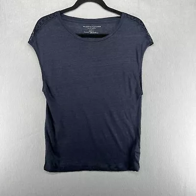 Majestic Filatures T-Shirt Womens 1 XS Blue Linen Blend Top Crochet Shoulder • $38.88