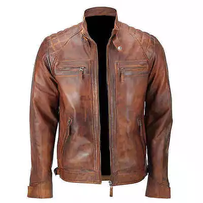 Men's Biker Quilted Vintage Distressed Motorcycle Cafe Racer Leather Jacket • $99.99