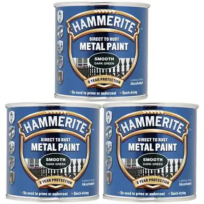 3x Hammerite Direct To Rust Smooth Dark Green Quick Drying Metal Paint 250ml • £24.99