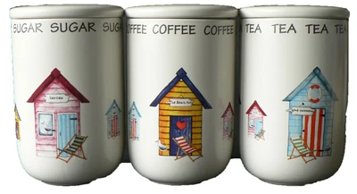 £11.50 • Buy Beach Huts Design Ceramic Tea Sugar And Coffee Storage Jars Single Or Set Of 3