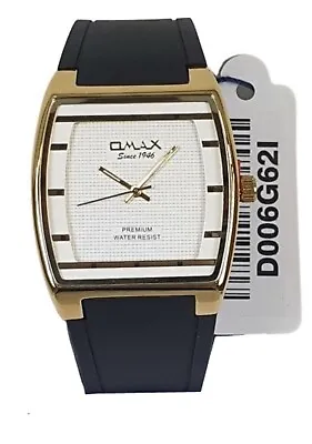 Omax Gents Square Fancy Rubber Strap Full Gold Case  White Dial New D006-g62y • £22.99