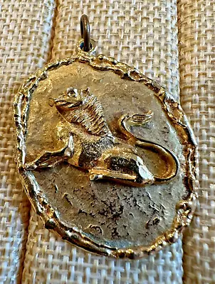 Vintage Gold Tone Pendant Brutalist Lion Signed ART Rare Piece! • $49