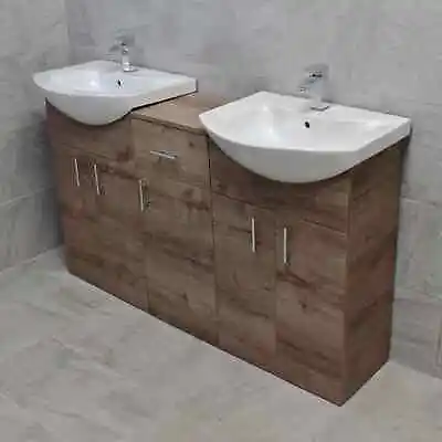 Mediterranean 1450 Double Basin Sink Vanity Unit Set Bathroom Walnut Oak Finish • £374.99