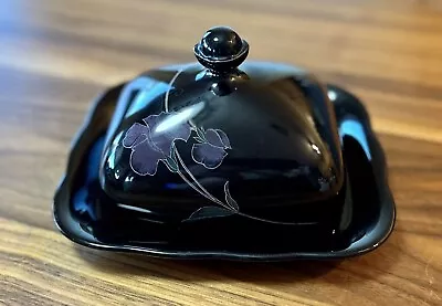 MIKASA RONDO TANGO Rectangular Covered Butter Dish EJ702 Black W/ Purple Flower • $36