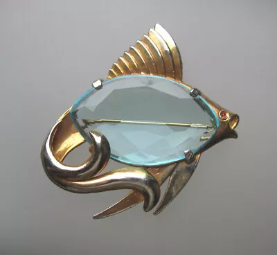 Vintage Jelly Belly FISH PIN Large Aqua Blue Crystal Belly/ Gold Tone • $55