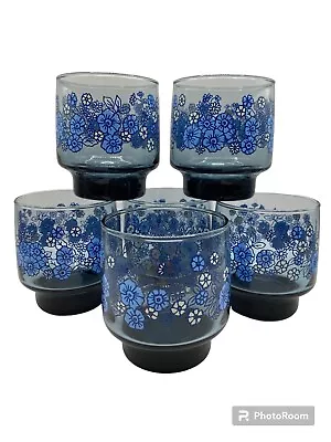 Libbey Blue Flower Low Ball Barware Set Of 6 Vintage  • $36