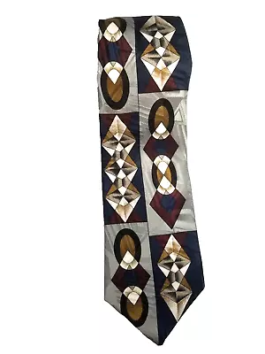 Martin Wong Screenplay Silk Tie Art Deco Geometric Shapes Blue Gold Wine Gray • $18