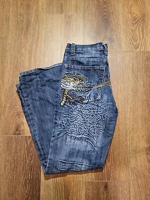 Japanese Dragon Embroidered Y2k Style Denim Kadi Jeans 30x28 Acid Washed • $50